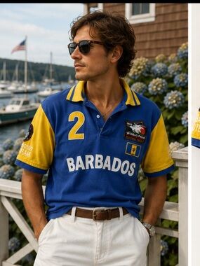Vintage BB Jeans Barbados Polo Rugby Shirt Men’s Size 4 Blue Yellow Embroidered